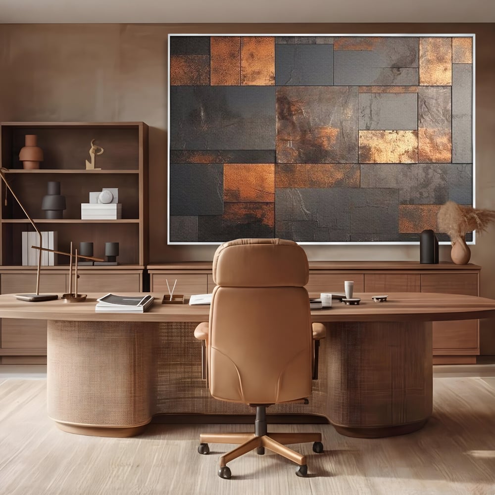 Tablou canvas cu tablou canvas cu placi geometrice metalice, in rama de aluminiu argintiu, pe perete intr-un birou