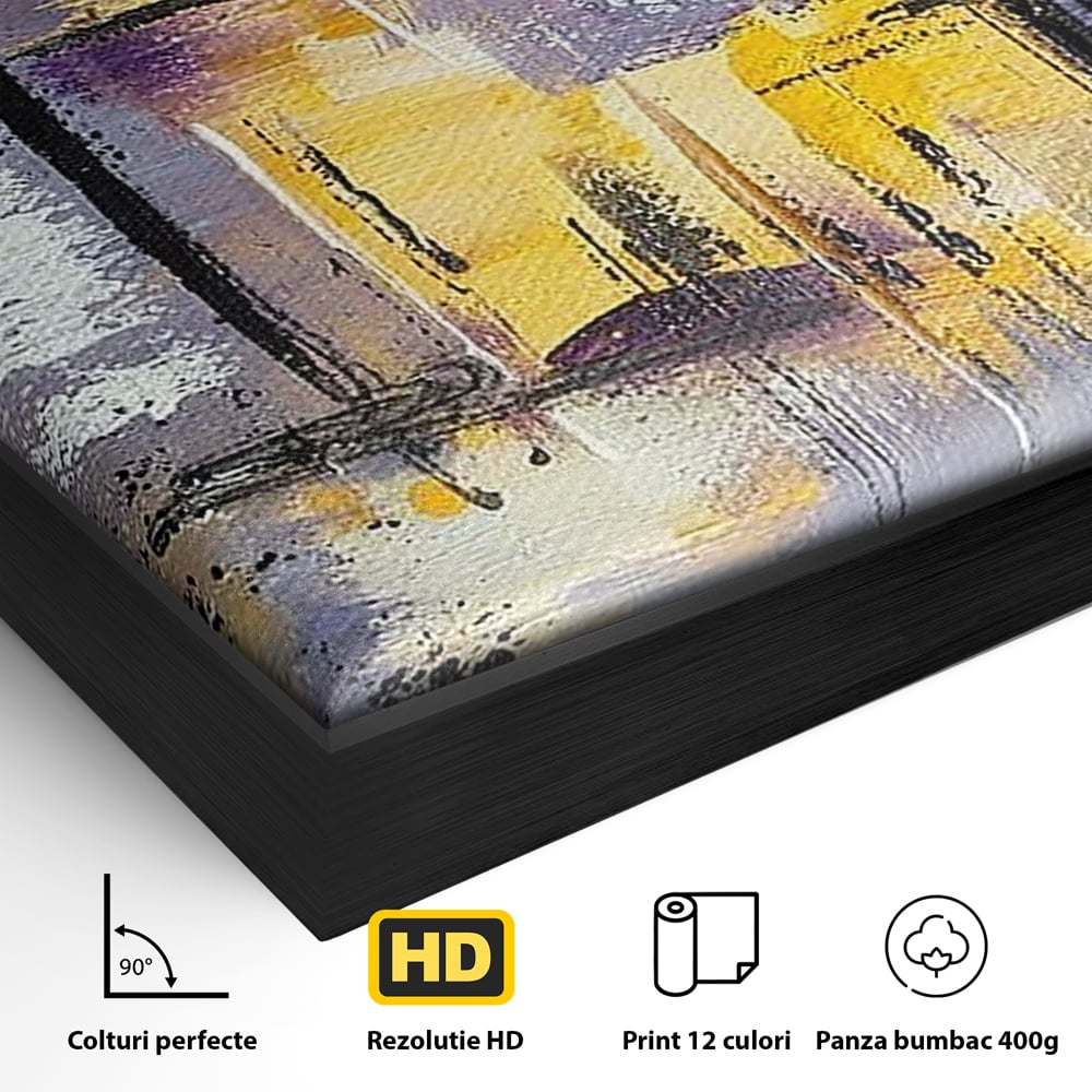 Detaliu al suprafetei: pictura abstracta cu linii si pete, in rama de aluminiu negru