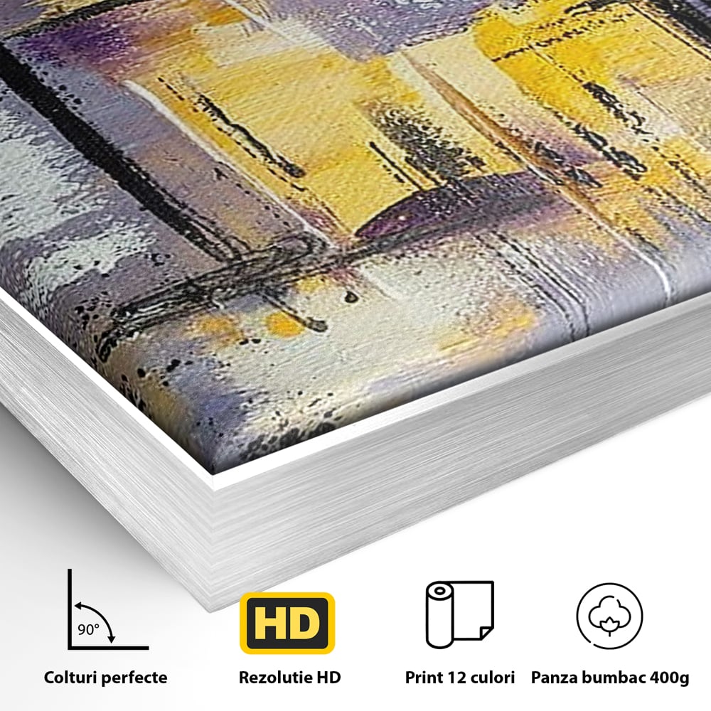Detaliu al suprafetei: pictura abstracta cu linii si pete, in rama de aluminiu argintiu