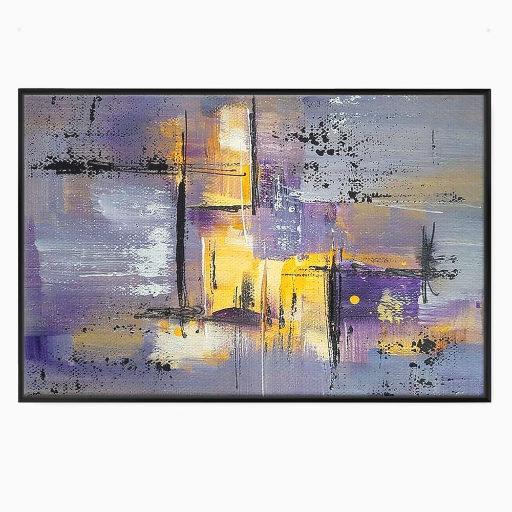 Tablou canvas cu pictura abstracta cu linii si pete, in rama de aluminiu negru