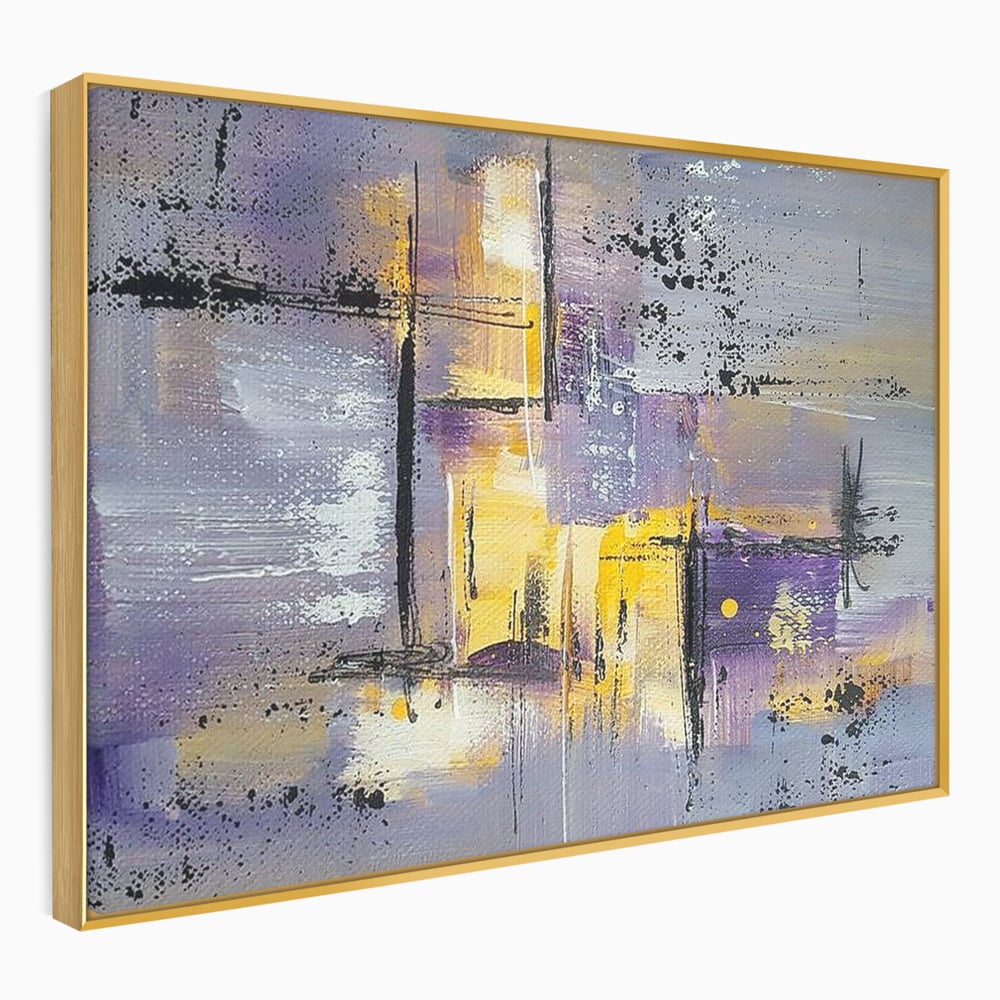 Tablou canvas cu pictura abstracta cu linii si pete, in rama de aluminiu auriu