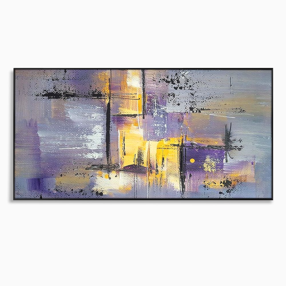 Tablou canvas cu pictura abstracta cu linii si pete, in rama de aluminiu negru