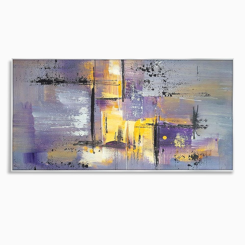 Tablou canvas cu pictura abstracta cu linii si pete, in rama de aluminiu argintiu