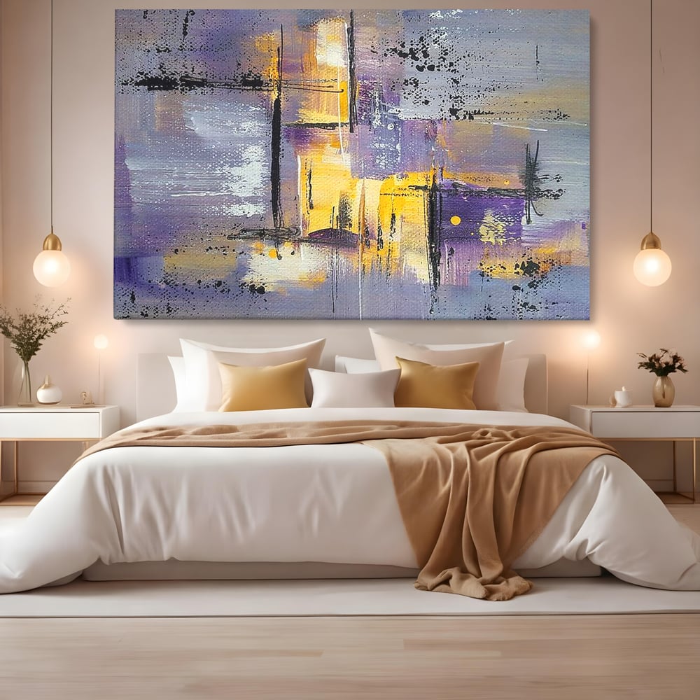 Tablou canvas cu pictura abstracta cu linii si pete, fara rama, pe sasiu de lemn, pe perete intr-un dormitor