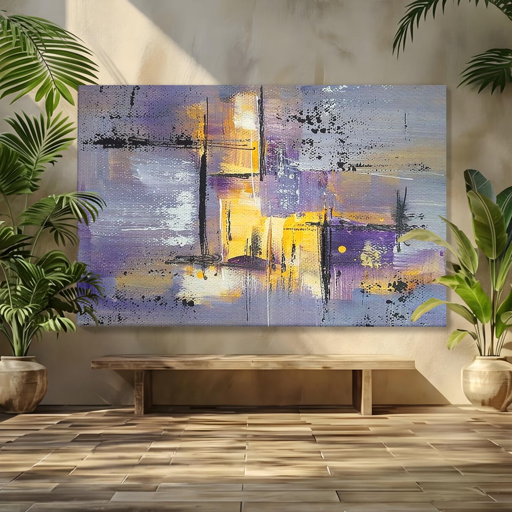 Tablou canvas cu pictura abstracta cu linii si pete, fara rama, pe sasiu de lemn