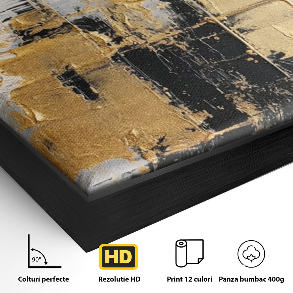 Detaliu al suprafetei: pictura abstracta cu auriu si negru, in rama de aluminiu negru