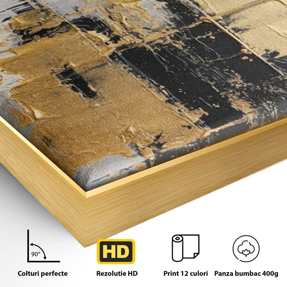 Detaliu al suprafetei: pictura abstracta cu auriu si negru, in rama de aluminiu auriu