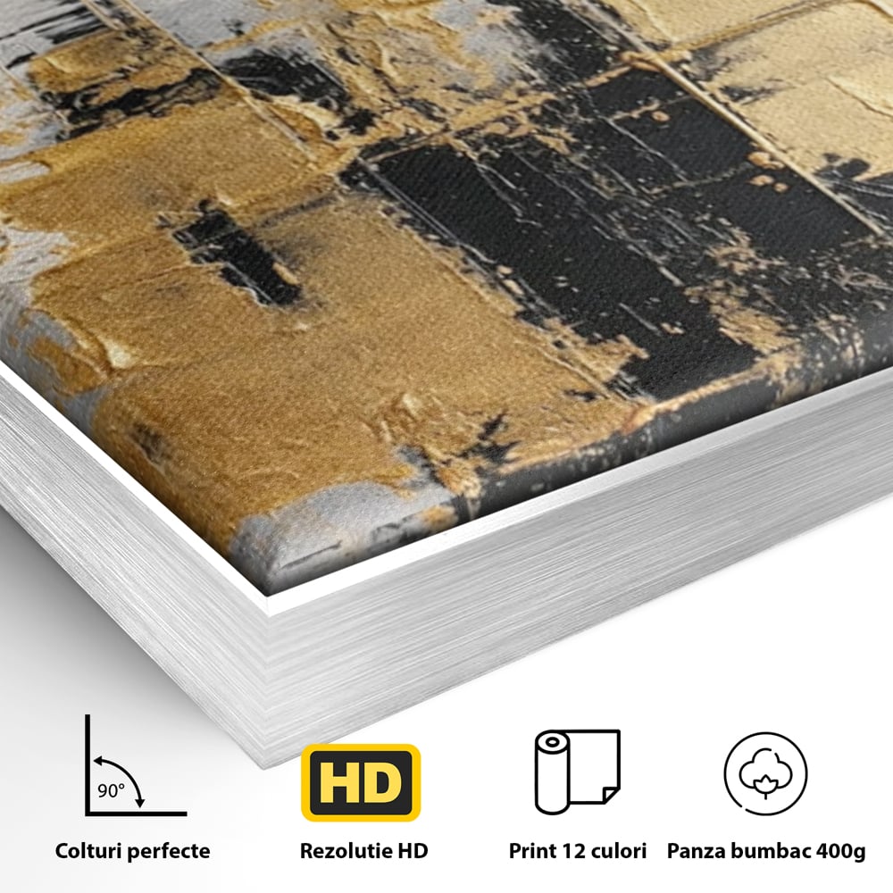 Detaliu al suprafetei: pictura abstracta cu auriu si negru, in rama de aluminiu argintiu