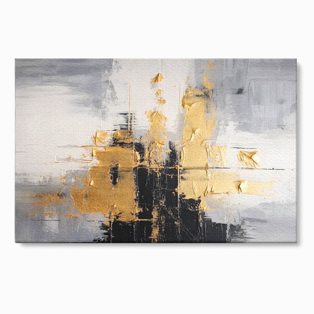 Tablou canvas cu pictura abstracta cu auriu si negru, fara rama, pe sasiu de lemn