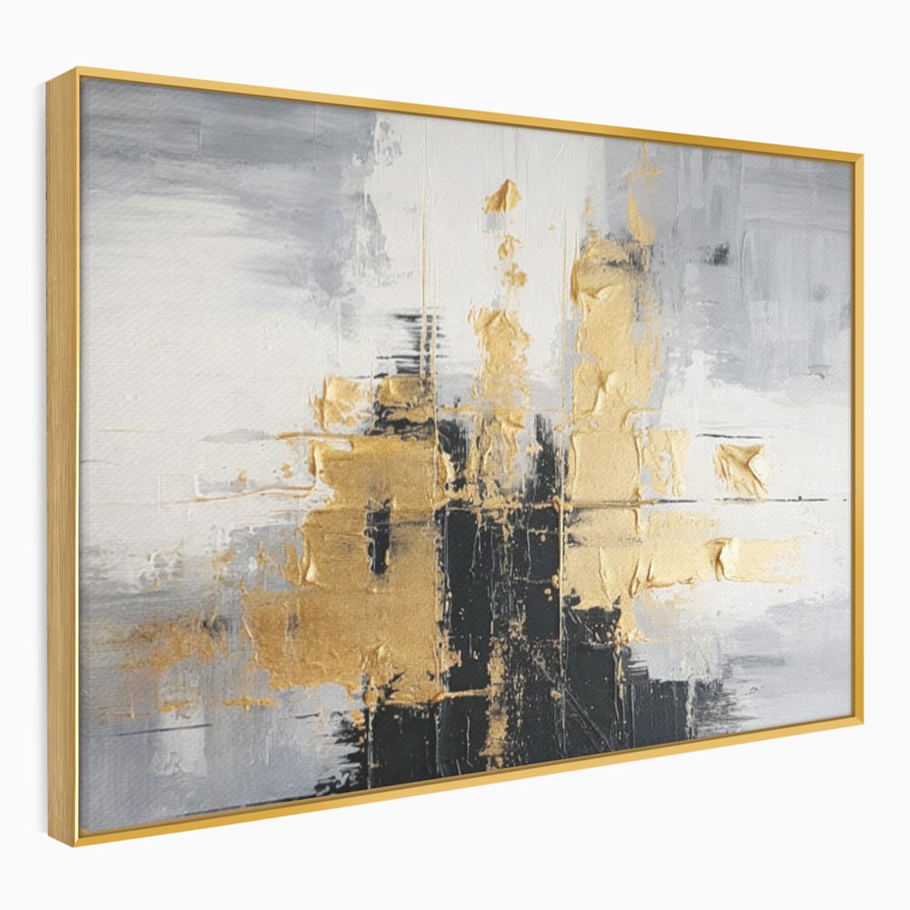 Tablou canvas cu pictura abstracta cu auriu si negru, in rama de aluminiu auriu