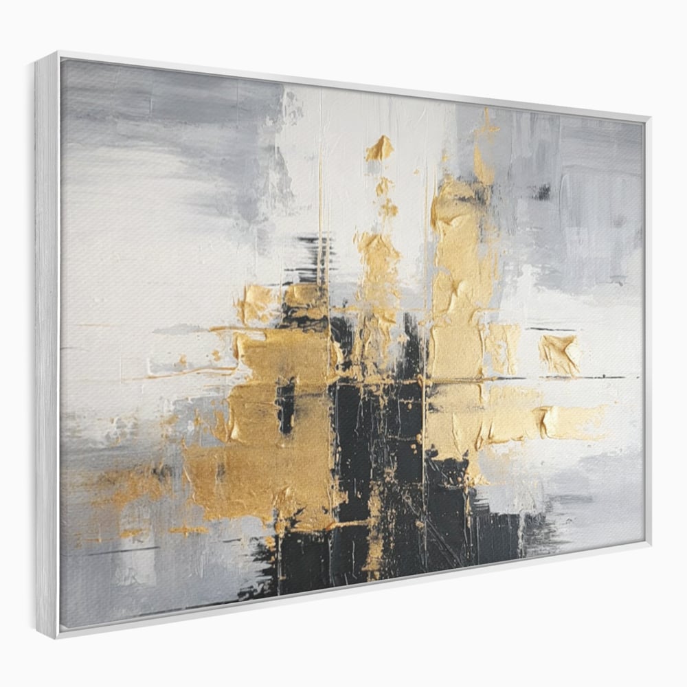 Tablou canvas cu pictura abstracta cu auriu si negru, in rama de aluminiu argintiu