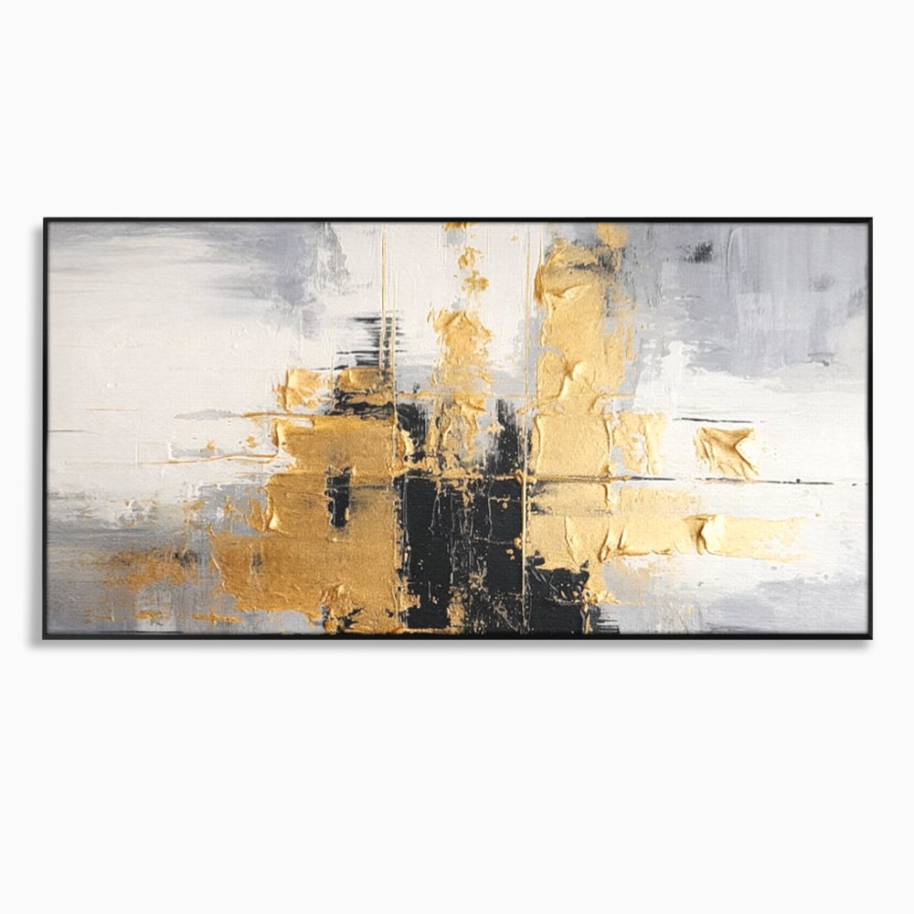 Tablou canvas cu pictura abstracta cu auriu si negru, in rama de aluminiu negru