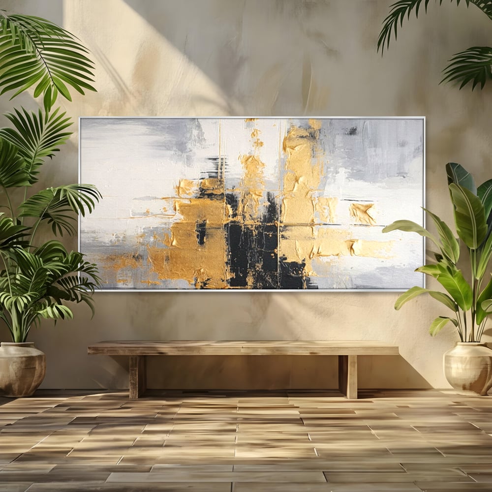 Tablou canvas cu pictura abstracta cu auriu si negru, in rama de aluminiu argintiu