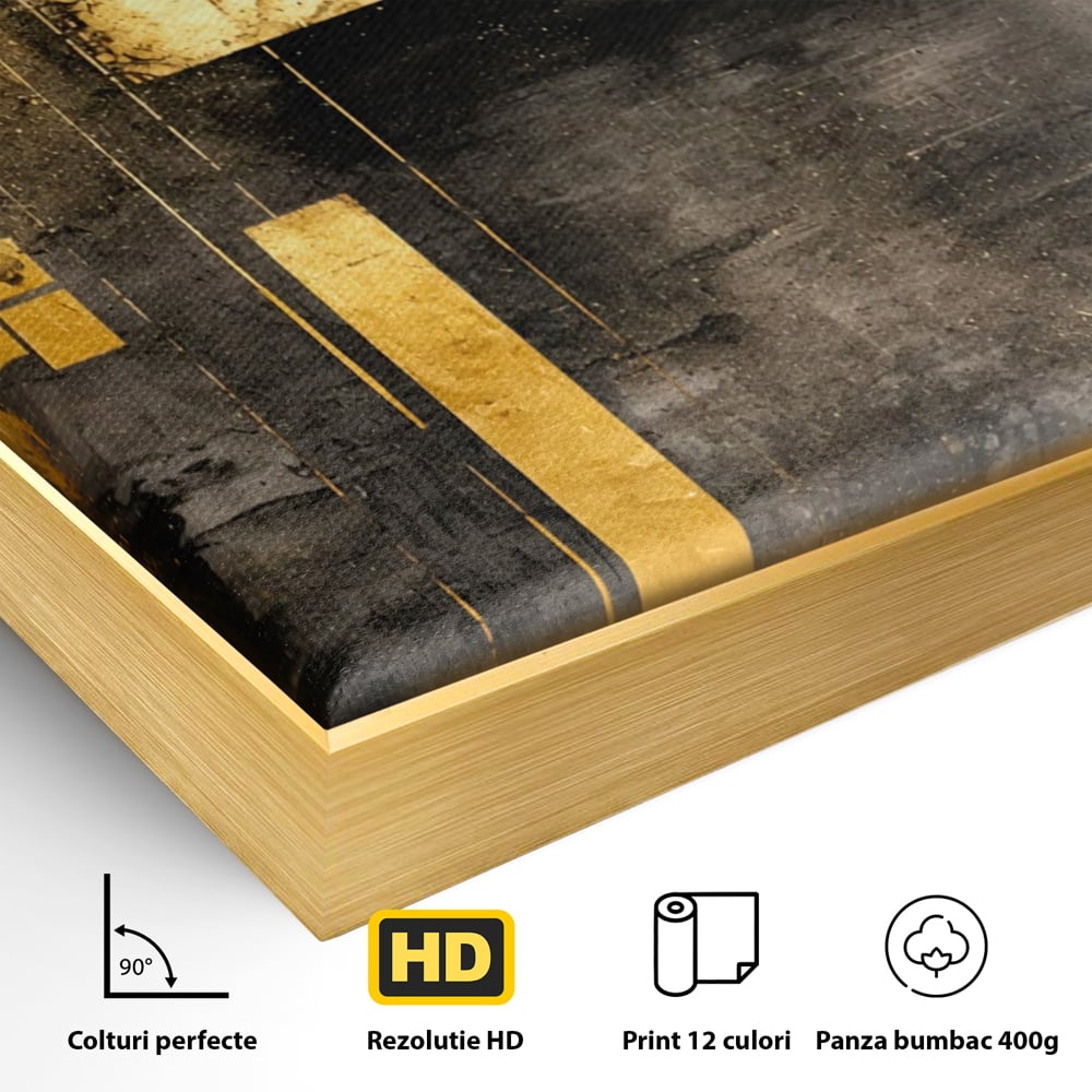 Detaliu al suprafetei: pictura abstracta cu forme geometrice aurii, in rama de aluminiu auriu