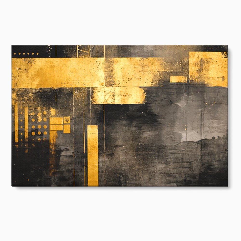 Tablou canvas cu pictura abstracta cu forme geometrice aurii, fara rama, pe sasiu de lemn