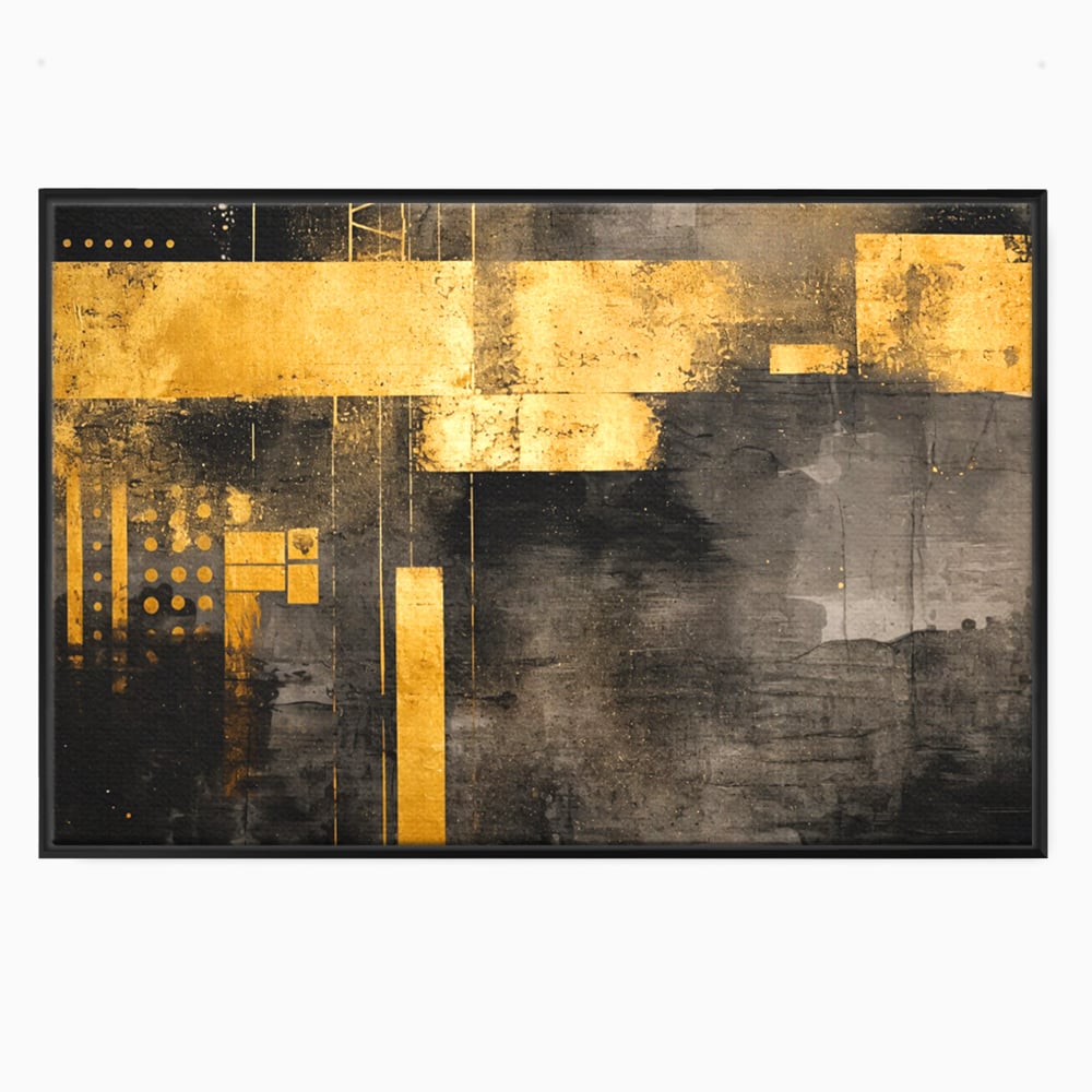 Tablou canvas cu pictura abstracta cu forme geometrice aurii, in rama de aluminiu negru