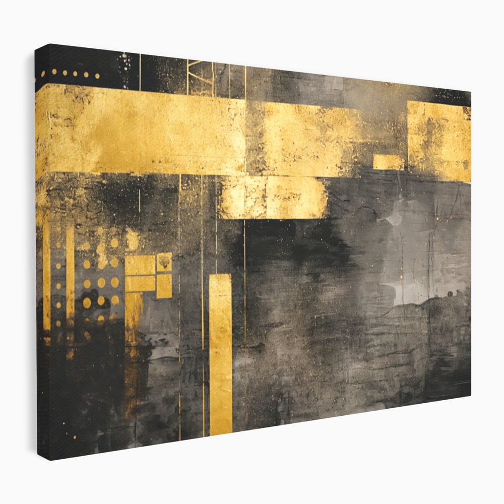 Tablou canvas cu pictura abstracta cu forme geometrice aurii, fara rama, pe sasiu de lemn