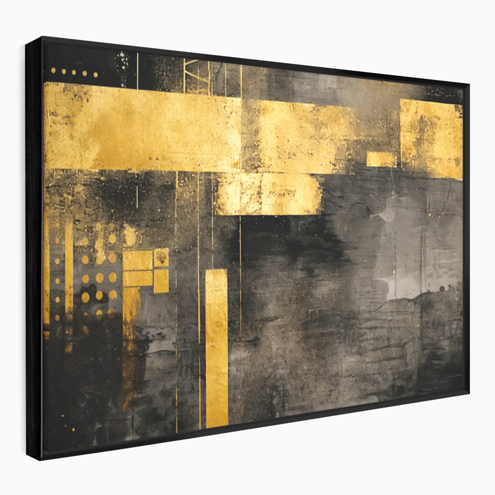 Tablou canvas cu pictura abstracta cu forme geometrice aurii, in rama de aluminiu negru