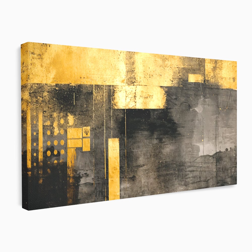 Tablou canvas cu pictura abstracta cu forme geometrice aurii, fara rama, pe sasiu de lemn