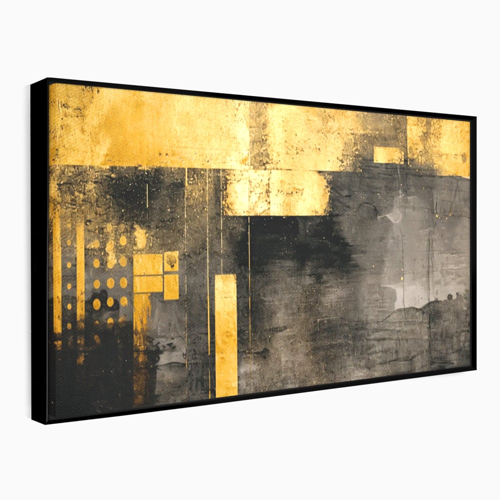 Tablou canvas cu pictura abstracta cu forme geometrice aurii, in rama de aluminiu negru