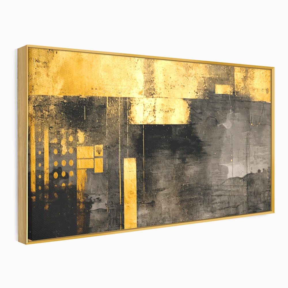 Tablou canvas cu pictura abstracta cu forme geometrice aurii, in rama de aluminiu auriu