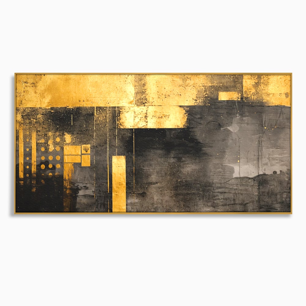 Tablou canvas cu pictura abstracta cu forme geometrice aurii, in rama de aluminiu auriu