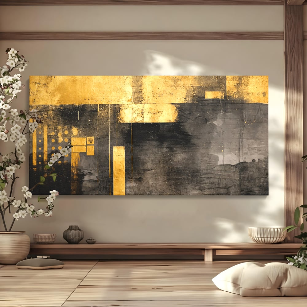 Tablou canvas cu pictura abstracta cu forme geometrice aurii, fara rama, pe sasiu de lemn