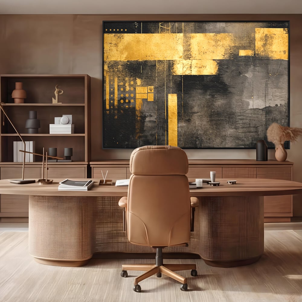 Tablou canvas cu pictura abstracta cu forme geometrice aurii, in rama de aluminiu negru, pe perete intr-un birou