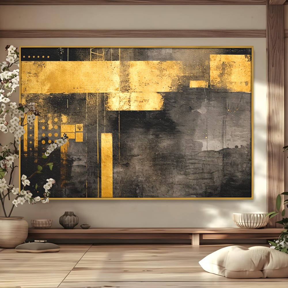 Tablou canvas cu pictura abstracta cu forme geometrice aurii, in rama de aluminiu auriu