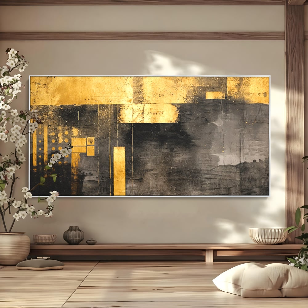 Tablou canvas cu pictura abstracta cu forme geometrice aurii, in rama de aluminiu argintiu