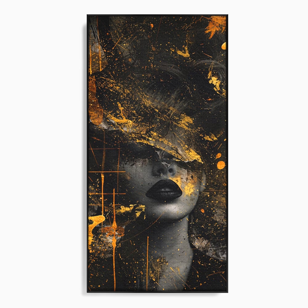 Tablou canvas cu tablou canvas cu portret feminin si pete aurii, in rama de aluminiu negru