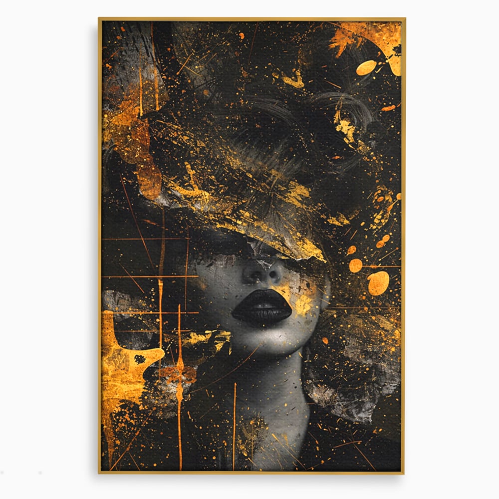 Tablou canvas cu tablou canvas cu portret feminin si pete aurii, in rama de aluminiu auriu