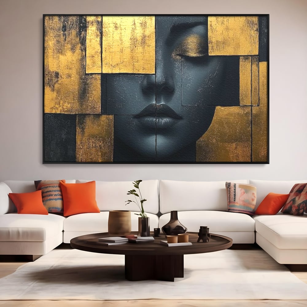 Tablou canvas cu tablou canvas portret feminin abstract, in rama de aluminiu negru, pe perete intr-un living