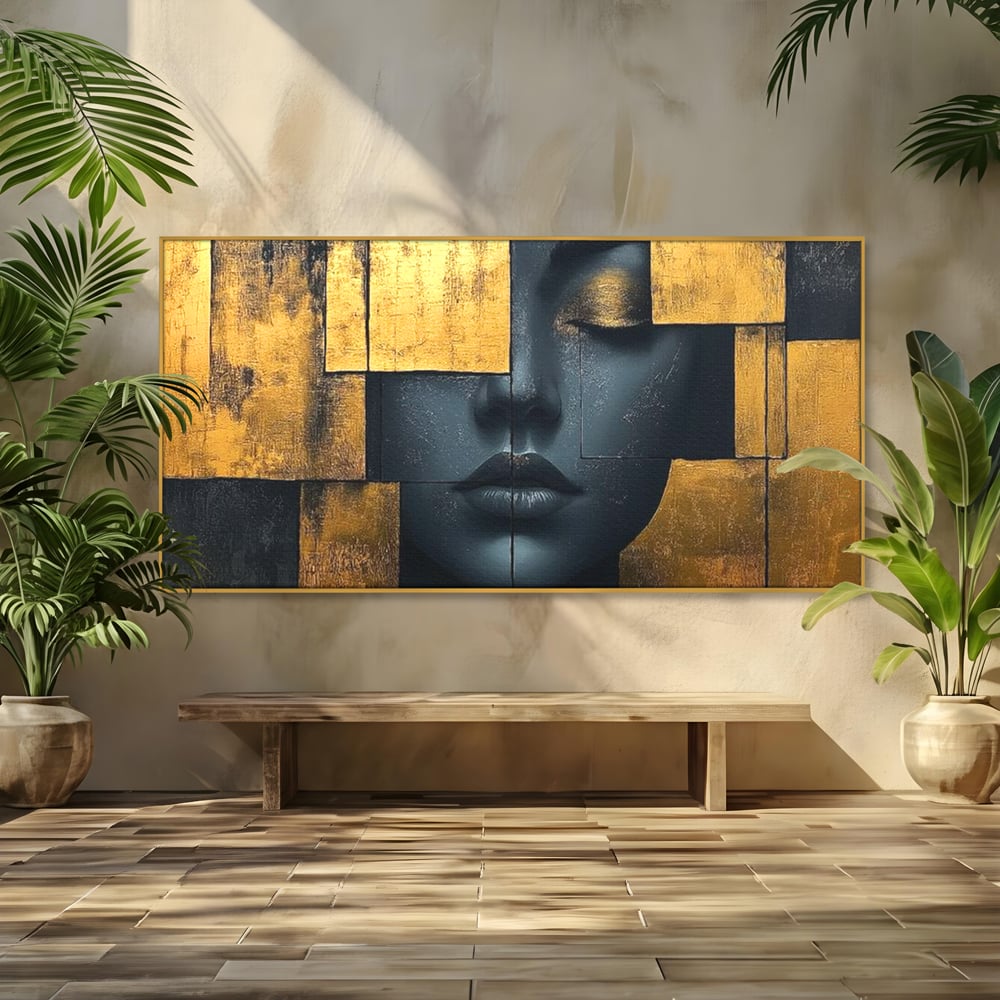 Tablou canvas cu tablou canvas portret feminin abstract, in rama de aluminiu auriu
