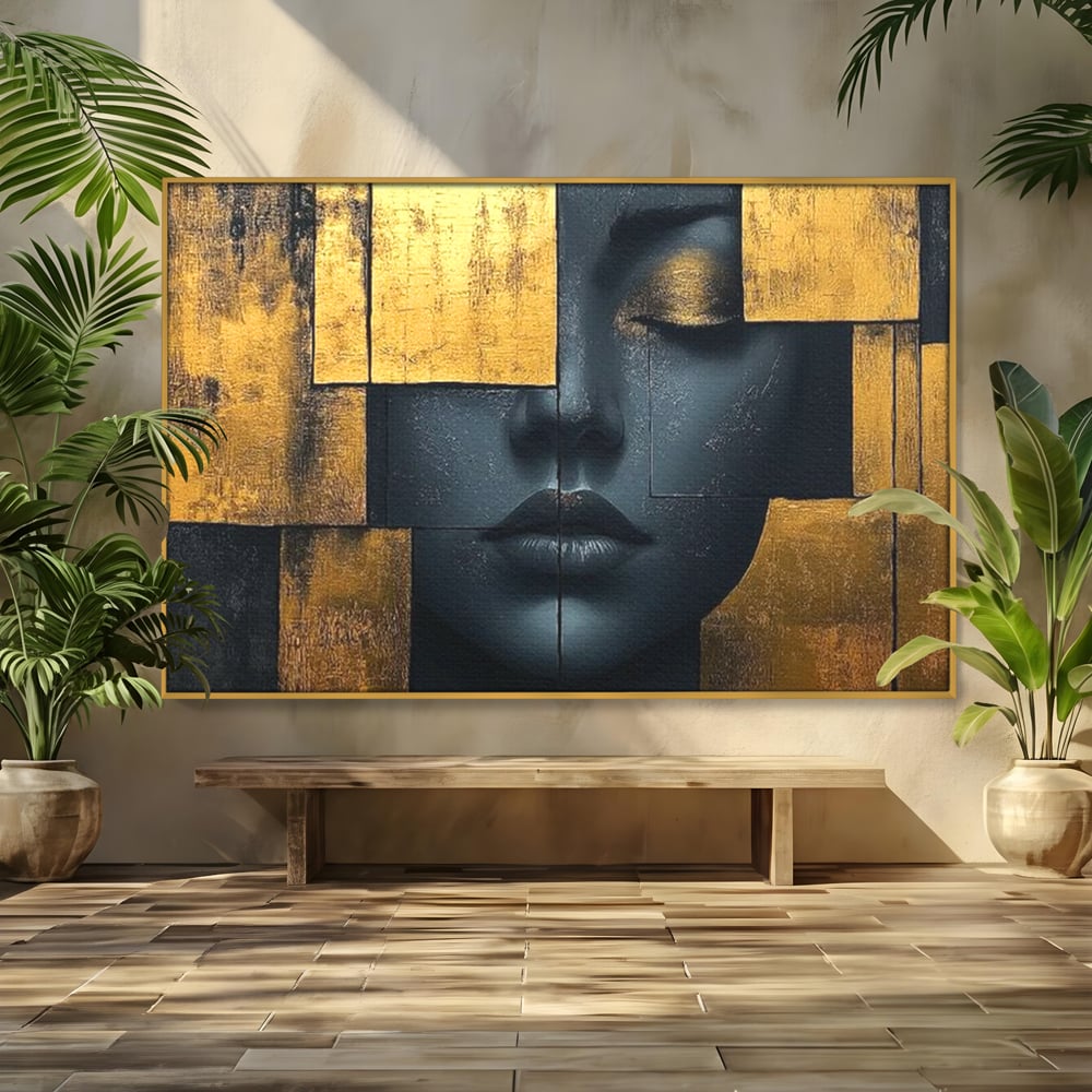 Tablou canvas cu tablou canvas portret feminin abstract, in rama de aluminiu auriu