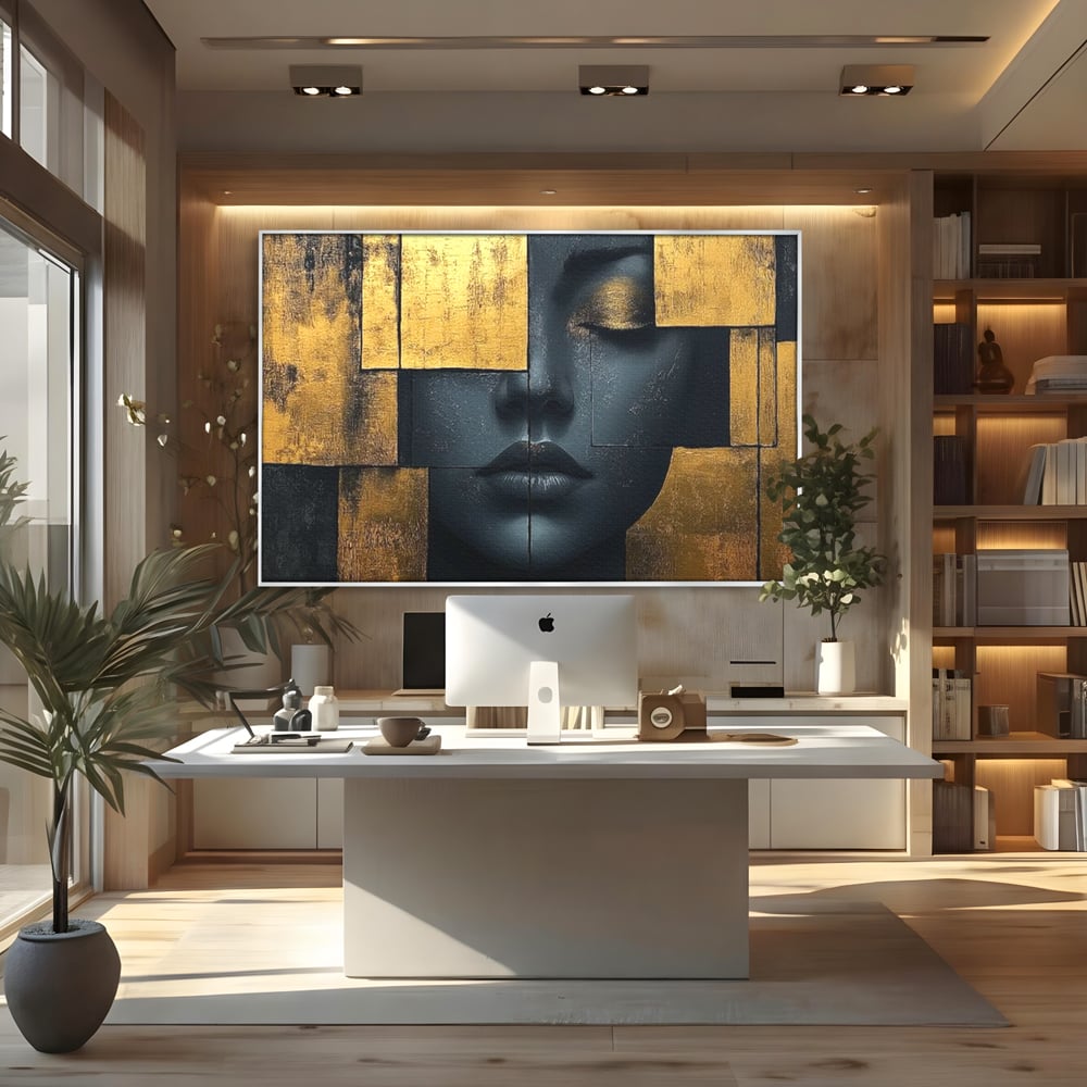 Tablou canvas cu tablou canvas portret feminin abstract, in rama de aluminiu argintiu, pe perete intr-un birou