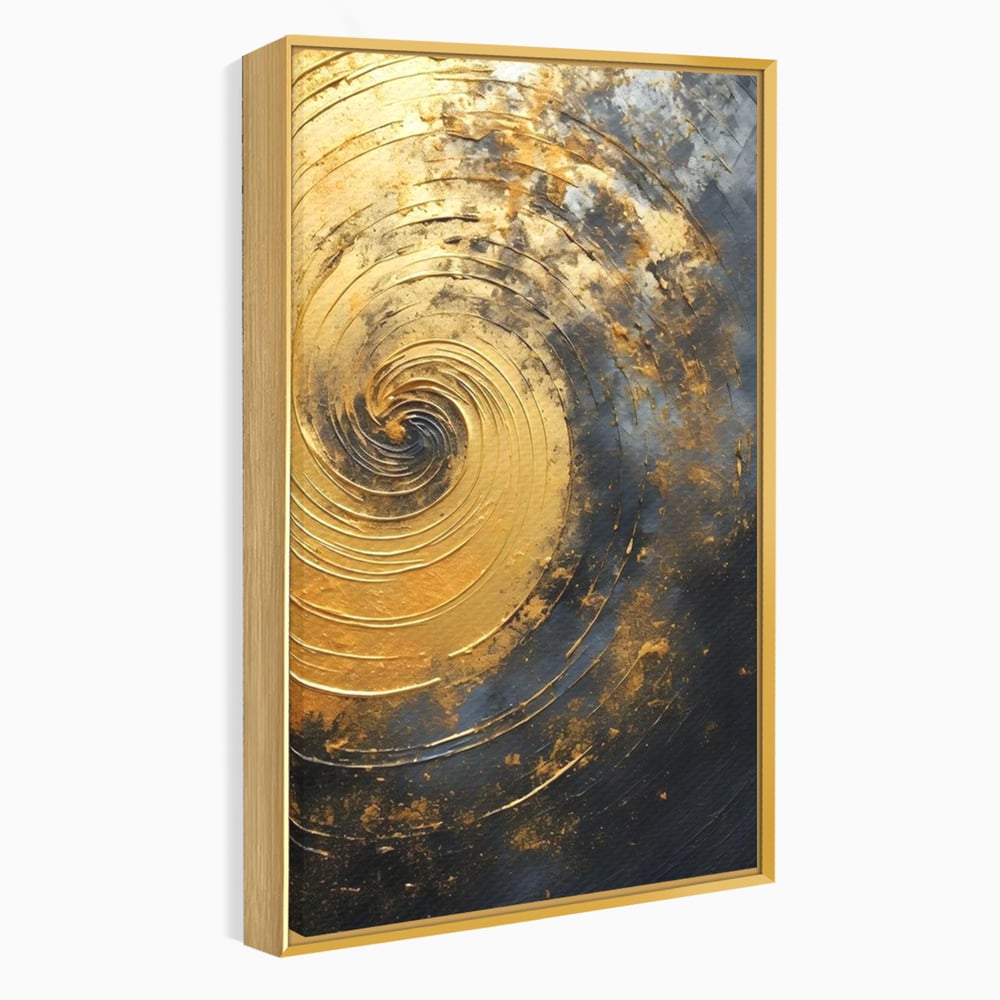Tablou canvas cu pictura abstracta cu spirala aurie, in rama de aluminiu auriu