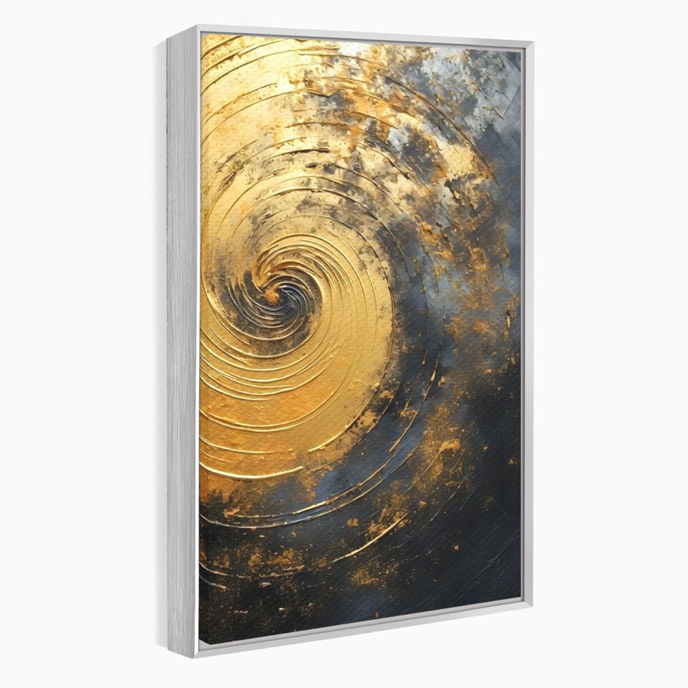 Tablou canvas cu pictura abstracta cu spirala aurie, in rama de aluminiu argintiu