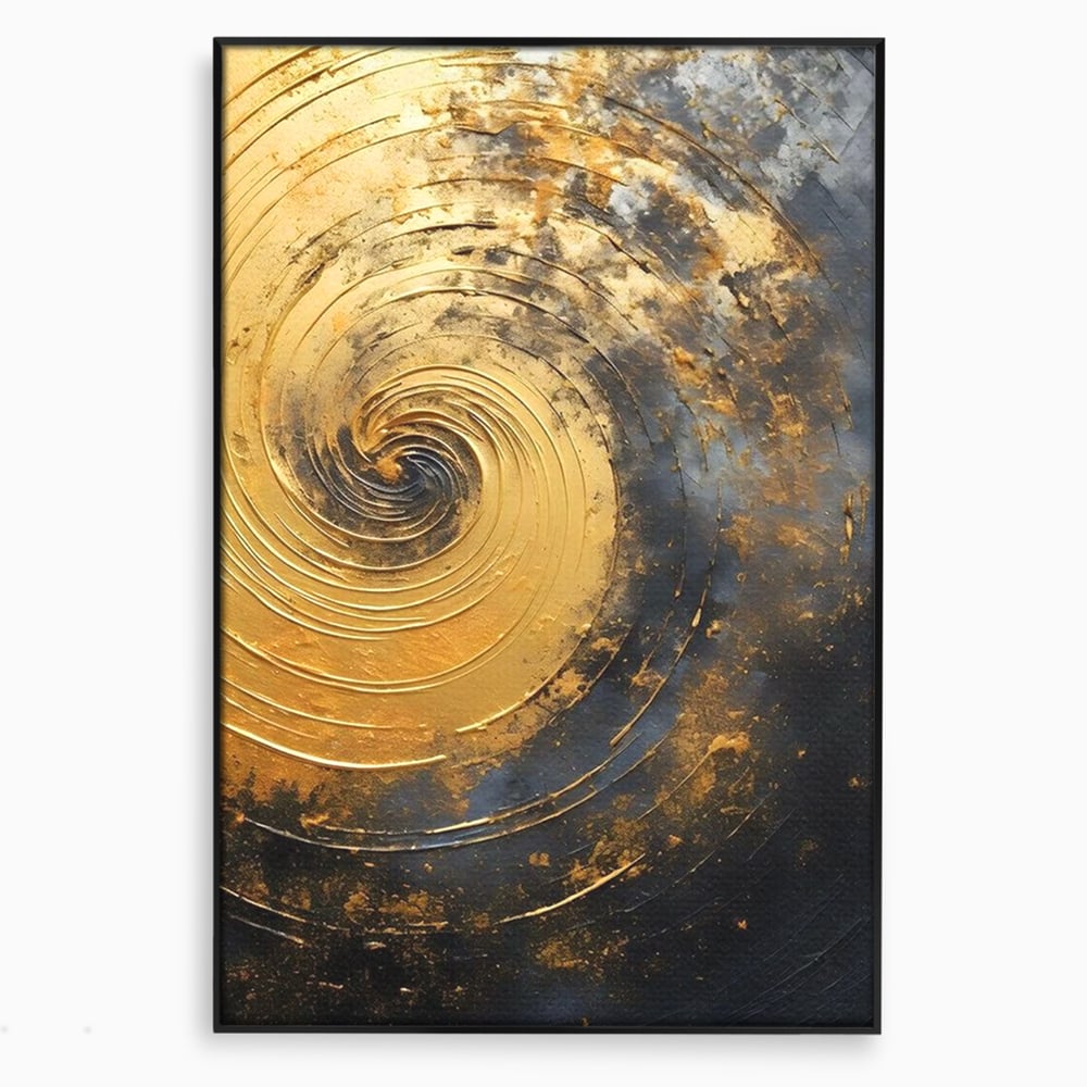 Tablou canvas cu pictura abstracta cu spirala aurie, in rama de aluminiu negru
