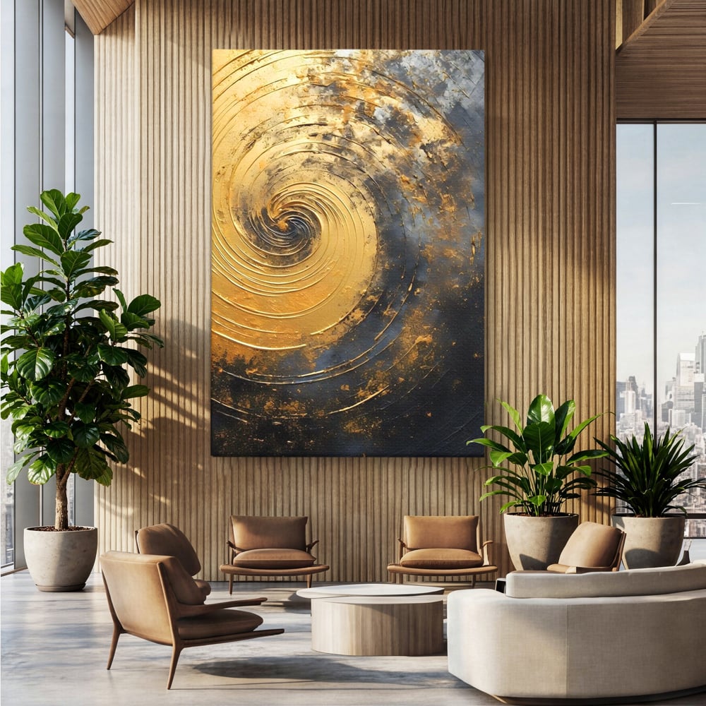 Tablou canvas cu pictura abstracta cu spirala aurie, fara rama, pe sasiu de lemn, pe perete intr-un birou