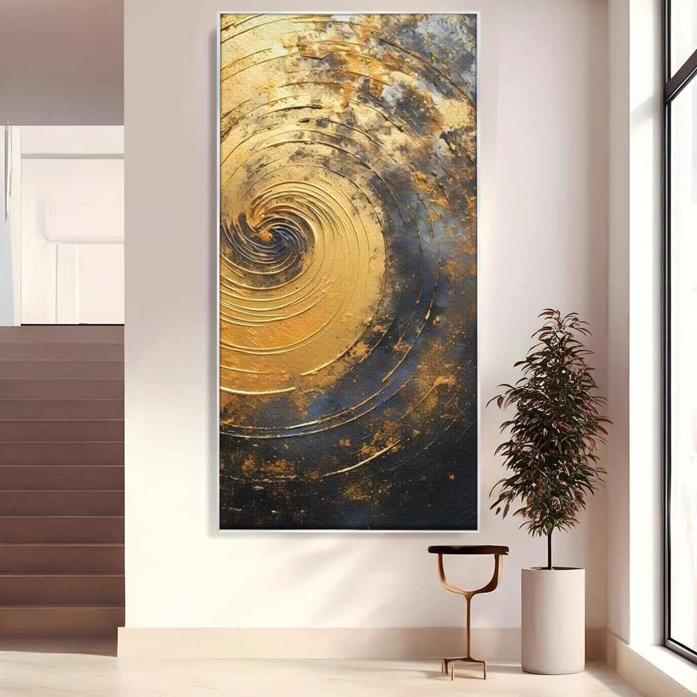 Tablou canvas cu pictura abstracta cu spirala aurie, in rama de aluminiu argintiu
