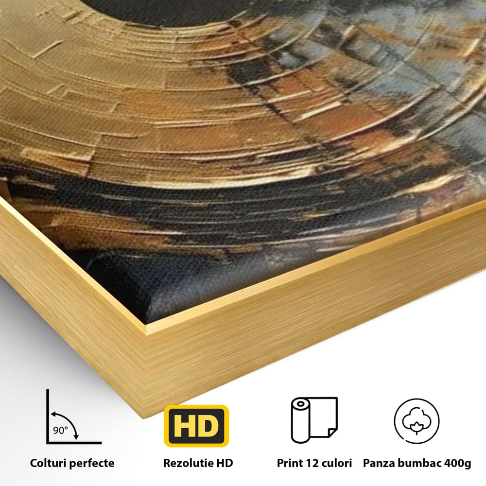 Detaliu al suprafetei: tablou abstract cu cerc auriu, in rama de aluminiu auriu