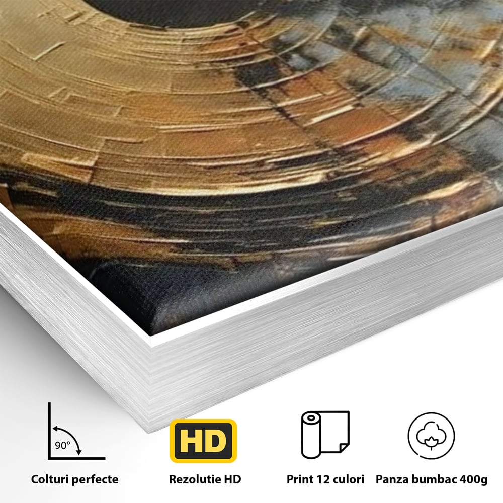 Detaliu al suprafetei: tablou abstract cu cerc auriu, in rama de aluminiu argintiu