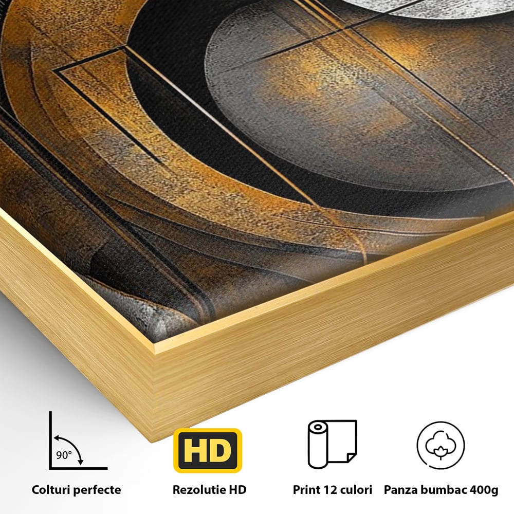Detaliu al suprafetei: tablou canvas geometric cu cercuri aurii si gri, in rama de aluminiu auriu