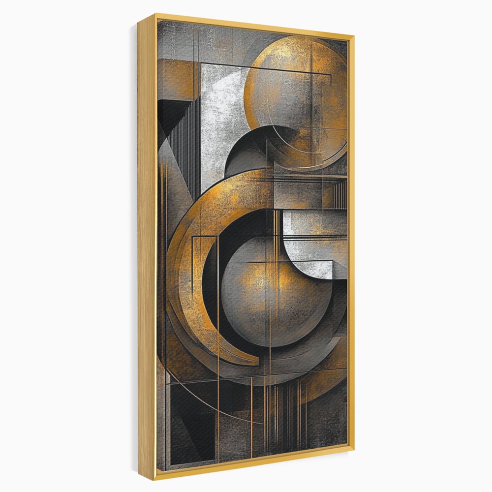 Tablou canvas cu tablou canvas geometric cu cercuri aurii si gri, in rama de aluminiu auriu