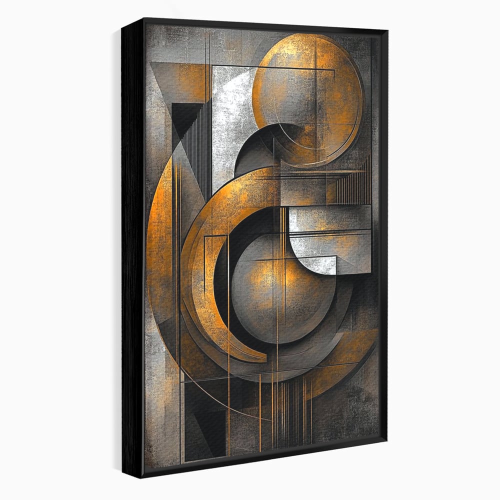 Tablou canvas cu tablou canvas geometric cu cercuri aurii si gri, in rama de aluminiu negru