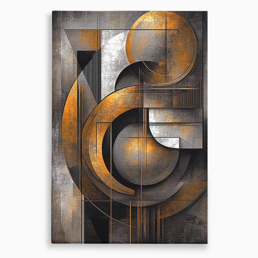 Tablou canvas cu tablou canvas geometric cu cercuri aurii si gri, fara rama, pe sasiu de lemn