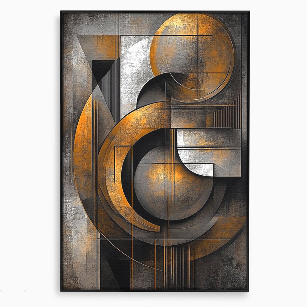 Tablou canvas cu tablou canvas geometric cu cercuri aurii si gri, in rama de aluminiu negru