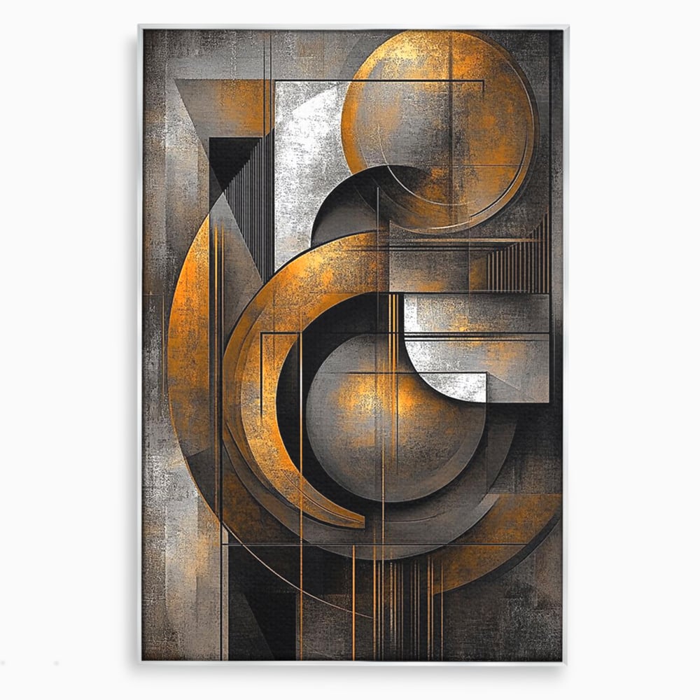 Tablou canvas cu tablou canvas geometric cu cercuri aurii si gri, in rama de aluminiu argintiu