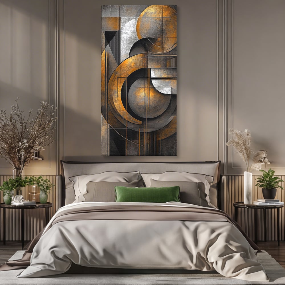 Tablou canvas cu tablou canvas geometric cu cercuri aurii si gri, fara rama, pe sasiu de lemn, pe perete intr-un dormitor